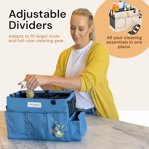 FifthStart Multiuse Cleaning Caddy - Adjustable Straps & Caddy Organizer with Handle - Mesh Base & 9 Pockets Organizer Bag - 5 Dividers & Washable Fabric Cleaning Tote (beige, XL) - Image 4