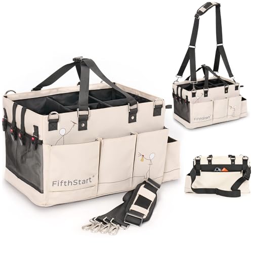 FifthStart Multiuse Cleaning Caddy - Adjustable Straps & Caddy Organizer with Handle - Mesh Base & 9 Pockets Organizer Bag - 5 Dividers & Washable Fabric Cleaning Tote (beige, XL) - Image 1