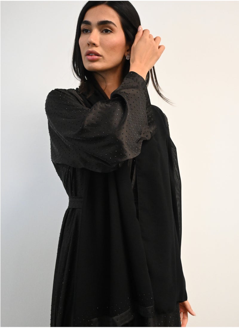 جميلة عباية سوداء مزينة بالكريستال 3 قطع - Image 2