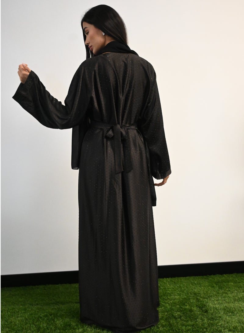 جميلة عباية سوداء مزينة بالكريستال 3 قطع - Image 4