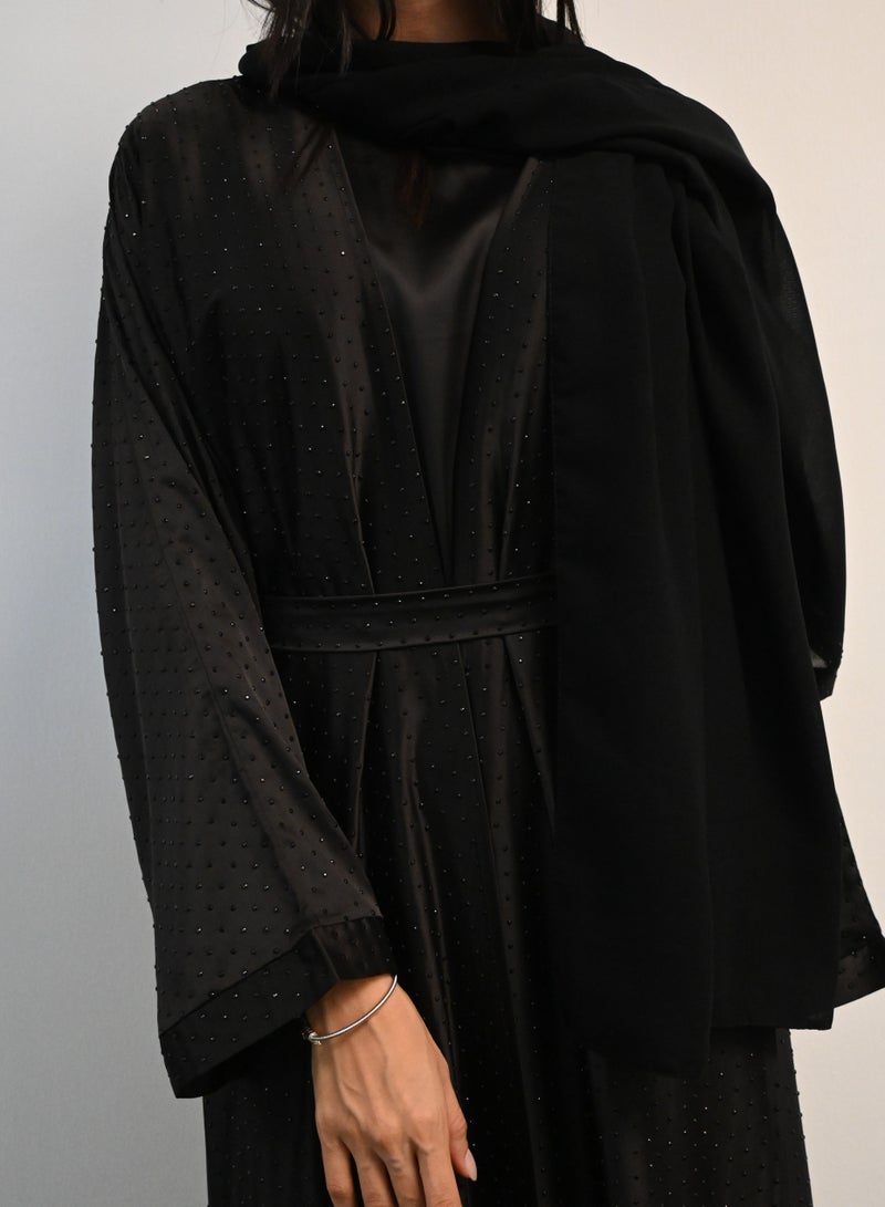 جميلة عباية سوداء مزينة بالكريستال 3 قطع - Image 3