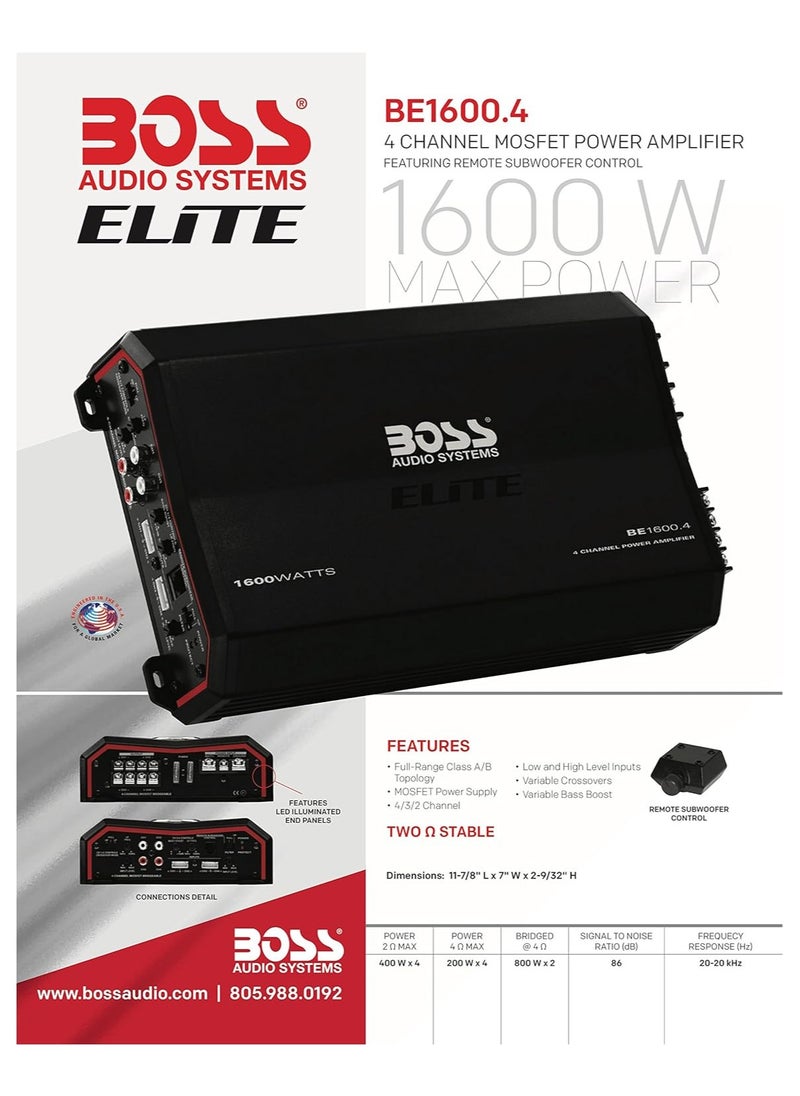 BOSS AUDIO SYSTEMS - BOSS Audio Systems Elite BE1600.4 4 Channel Car Amplifier - 1600 Watts, Full Range, Class AB, 2-8 Ohm Stable, Mosfet Power Supply, Bridgeable - Image 1
