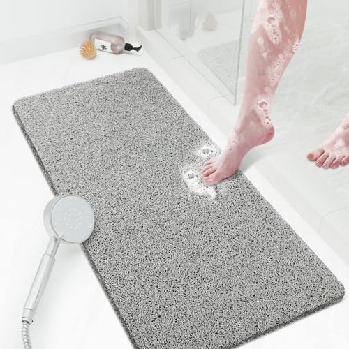 SoftDuo Shower Mat Bathtub Mat NonSlip36x16 inch Soft Tub Mat with DrainPVC Loofah Bath Mat Phthalate Free for Tub and BathroomQuick DryingGrey