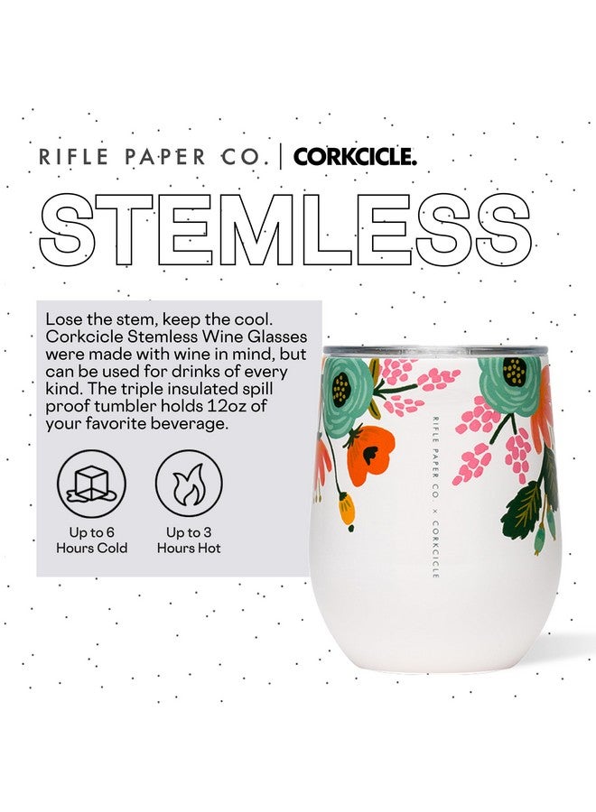 X Rifle Paper Co. Stemless Insulated Wine Glass Tumbler, Cream Lively Floral, 12 Oz - Stainless Steel Stemless Wine Glass Keeps Beverages Cold 6Hrs, Hot 3Hrs - Non-Slip, Easy-Grip