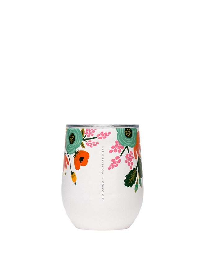 X Rifle Paper Co. Stemless Insulated Wine Glass Tumbler, Cream Lively Floral, 12 Oz - Stainless Steel Stemless Wine Glass Keeps Beverages Cold 6Hrs, Hot 3Hrs - Non-Slip, Easy-Grip