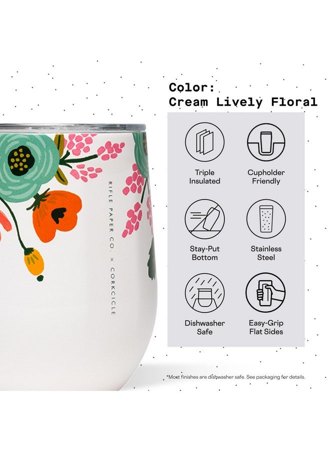X Rifle Paper Co. Stemless Insulated Wine Glass Tumbler, Cream Lively Floral, 12 Oz - Stainless Steel Stemless Wine Glass Keeps Beverages Cold 6Hrs, Hot 3Hrs - Non-Slip, Easy-Grip