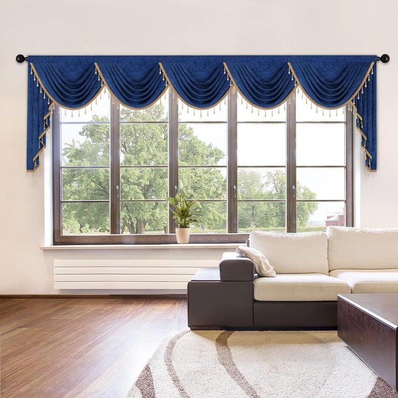ELKCA ELKCA Thick Chenille Window Curtains Valance for Living Room Royal Blue Swag Valance with Beads for BedroomRod Pocket W138inch1 Panel 