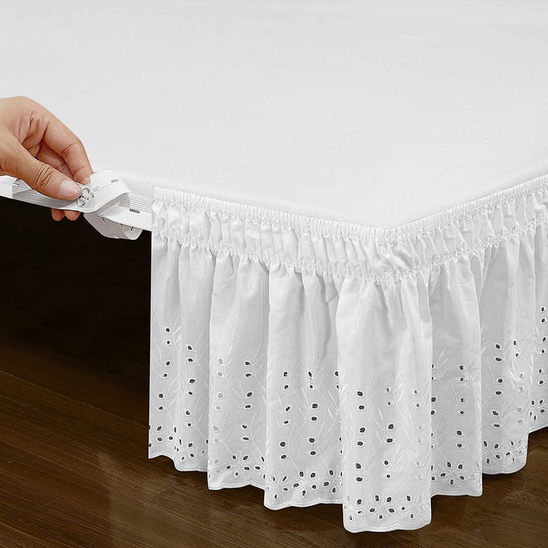 White Queen Size Stretchy Embroidered Bed Skirt Elegant Durable Fit for Bedroom Guest Room Sleep Quality - Image 4