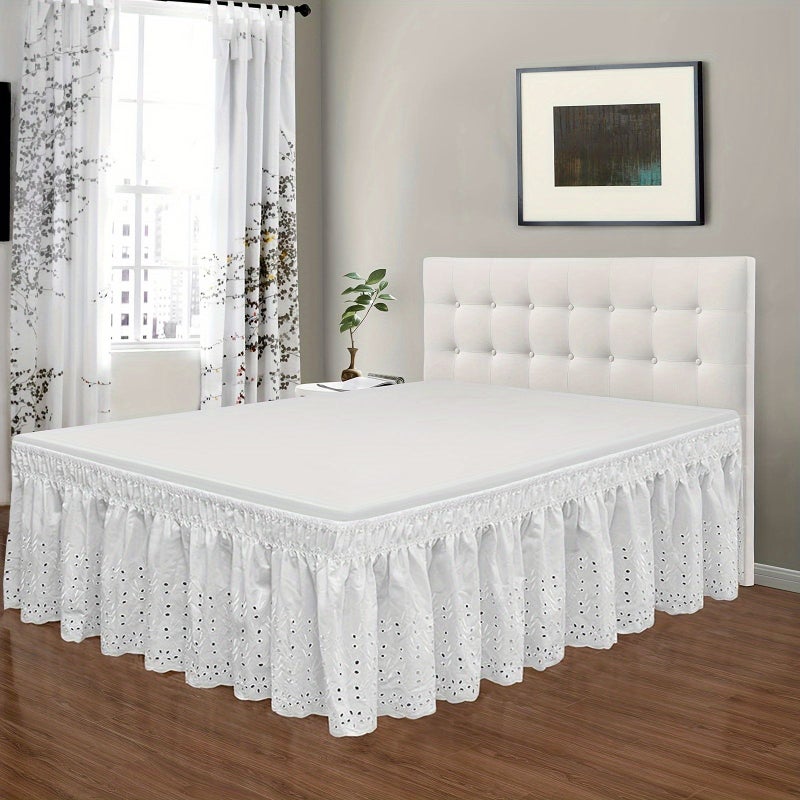 White Queen Size Stretchy Embroidered Bed Skirt Elegant Durable Fit for Bedroom Guest Room Sleep Quality - Image 1