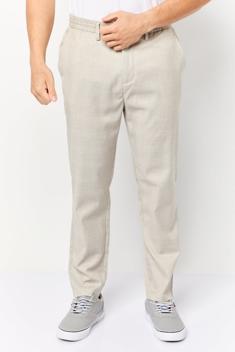 Celio Men Regular Fit Micro Check Straight Leg Pants, Beige - Image 1