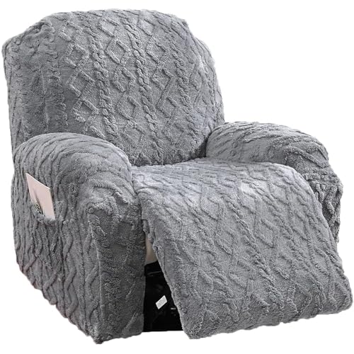 Master Pink 4 Pieces Large Recliner Chair Covers, Geometric Jacquard Plush Recliner Slipcovers, Couch Sofa Covers, Soft Fuzzy Fluffy Anti-Slip Furniture Protector for Cats Dogs Elastic Bottom (Grey,1 Seat) - Image 1