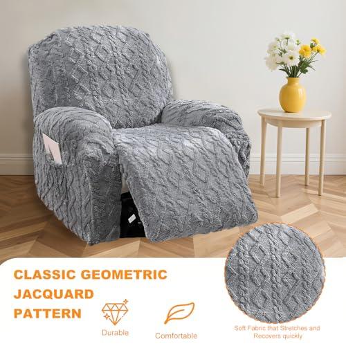 Master Pink 4 Pieces Large Recliner Chair Covers, Geometric Jacquard Plush Recliner Slipcovers, Couch Sofa Covers, Soft Fuzzy Fluffy Anti-Slip Furniture Protector for Cats Dogs Elastic Bottom (Grey,1 Seat) - Image 4