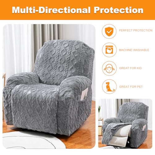 Master Pink 4 Pieces Large Recliner Chair Covers, Geometric Jacquard Plush Recliner Slipcovers, Couch Sofa Covers, Soft Fuzzy Fluffy Anti-Slip Furniture Protector for Cats Dogs Elastic Bottom (Grey,1 Seat) - Image 5