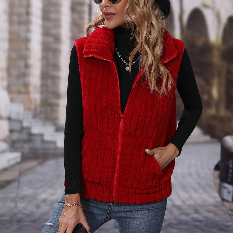 Faux Fur Vest, Striped Zip-Up Sleeveless Jacket, Casual Open Front Design - Image 2