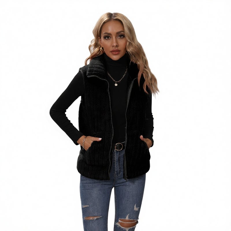 Faux Fur Vest, Striped Zip-Up Sleeveless Jacket, Casual Open Front Design - Image 1