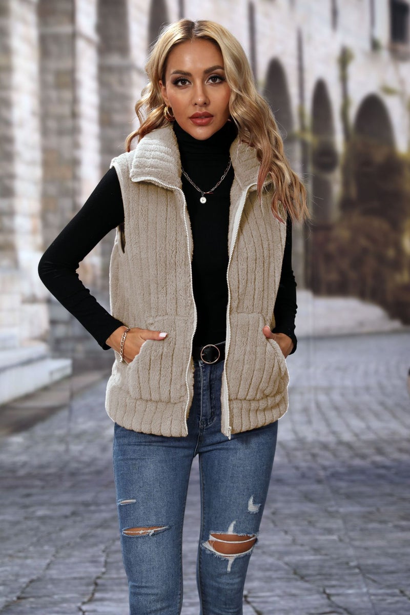 Faux Fur Vest, Striped Zip-Up Sleeveless Jacket, Casual Open Front Design - Image 3