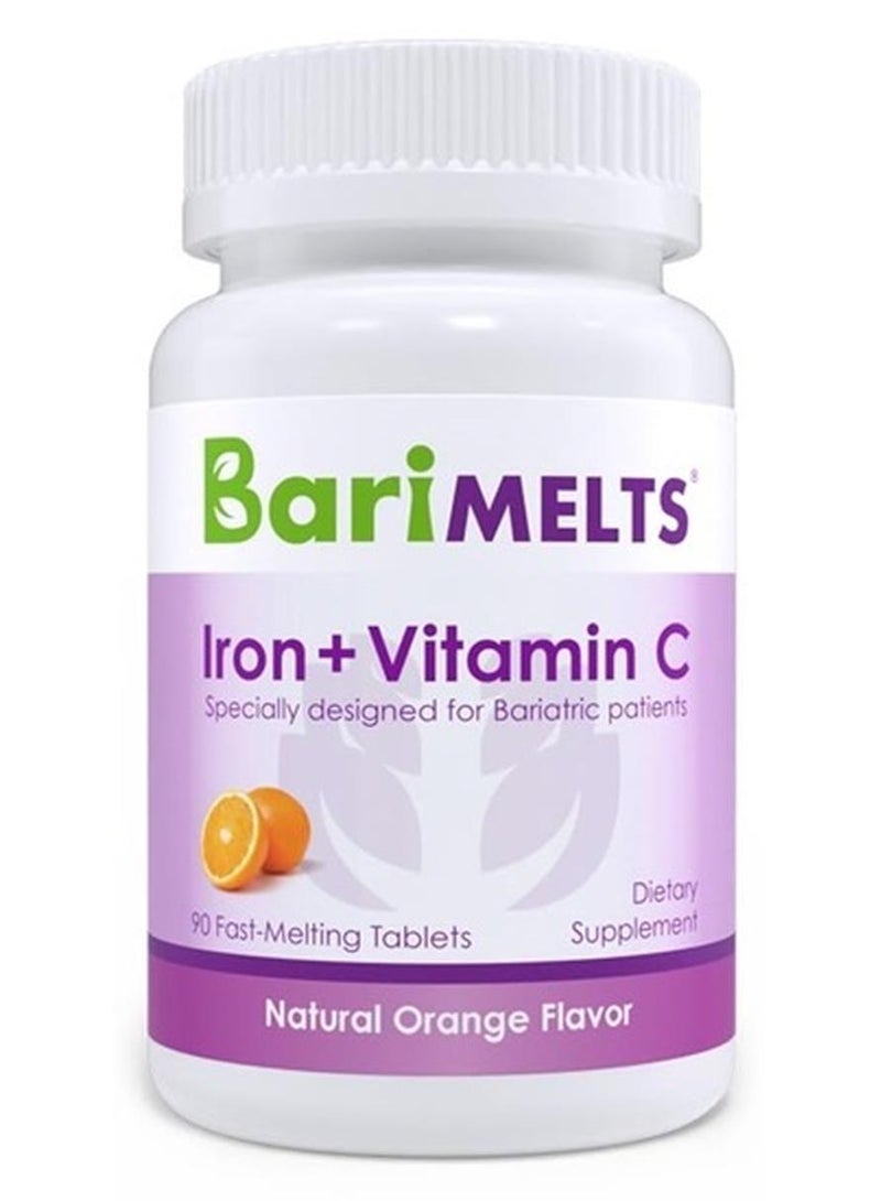 BariMelts Iron with Vitamin C, Dissolvable Bariatric Vitamins for WLS Patients Including Gastric Bypass and Sleeve Gastrectomy, Natural Orange Flavor - 90 Fast Melting Tablets - Image 1