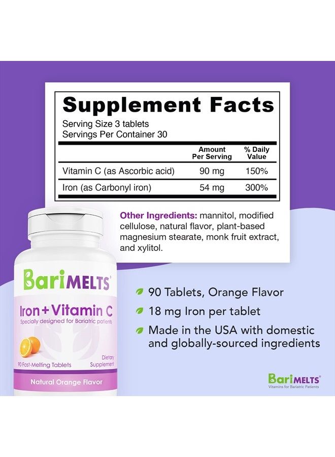BariMelts Iron with Vitamin C, Dissolvable Bariatric Vitamins for WLS Patients Including Gastric Bypass and Sleeve Gastrectomy, Natural Orange Flavor - 90 Fast Melting Tablets - Image 4