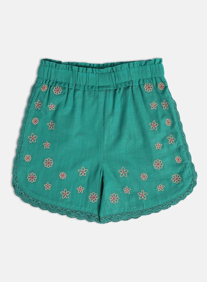 MINIKLUB Girls Embroidered Cotton Shorts with Scalloped Hem - Image 1