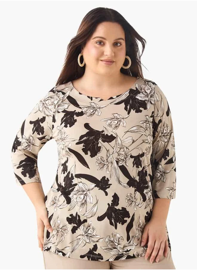 Ulla Popken Plus Size Ulla Popken Printed Top with Round Neck and 3/4 Sleeves