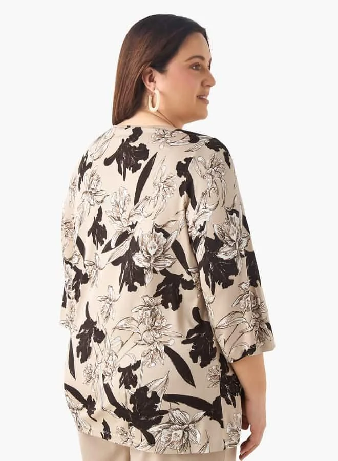 Ulla Popken Plus Size Ulla Popken Printed Top with Round Neck and 3/4 Sleeves