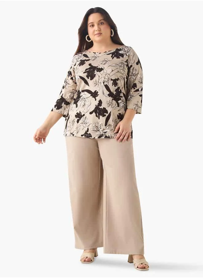  أولا بوبكن Plus Size Ulla Popken Printed Top with Round Neck and 3/4 Sleeves