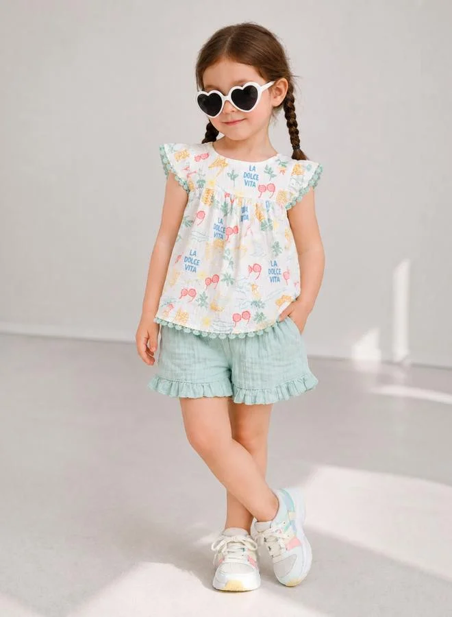 Victor And Jane 3-Piece Girls Printed Cotton Top and Ruffle Shorts with Glasses Set