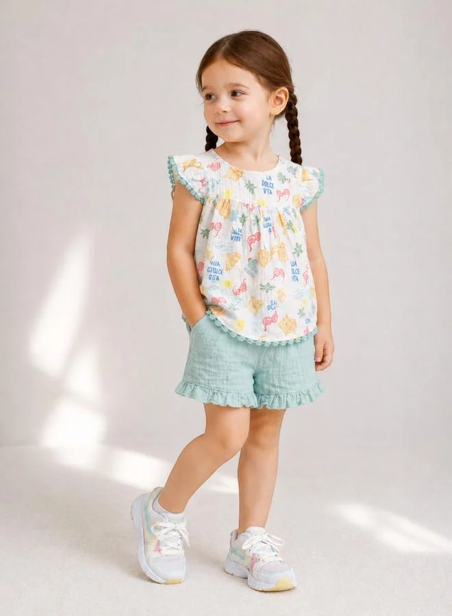 Victor And Jane 3-Piece Girls Printed Cotton Top and Ruffle Shorts with Glasses Set