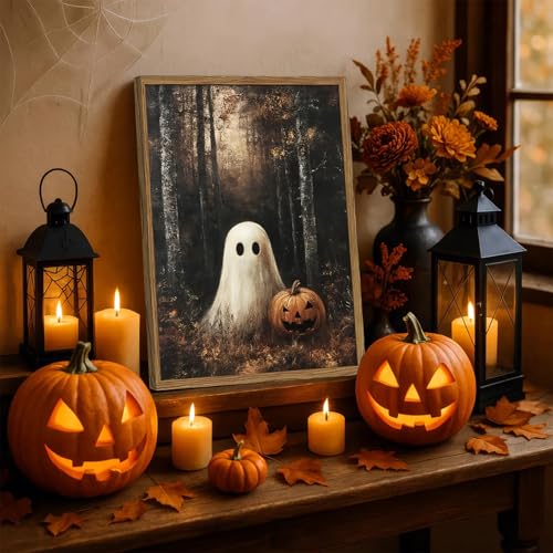 Hwetui Framed Vintage Halloween Ghost Canvas Wall Art Cute Ghost Pumpkin Wall Decor Paintings Gothic Dark Academia Pictures Prints Spooky Fall Forest Home Decor for Living Room Bedroom 12x16 inch - Image 3