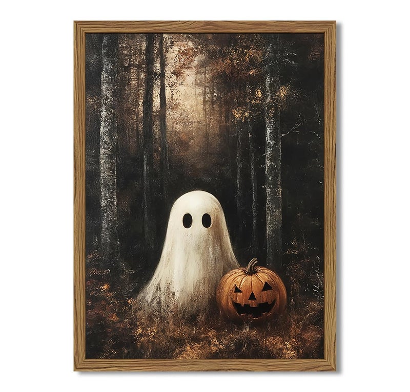 Hwetui Framed Vintage Halloween Ghost Canvas Wall Art Cute Ghost Pumpkin Wall Decor Paintings Gothic Dark Academia Pictures Prints Spooky Fall Forest Home Decor for Living Room Bedroom 12x16 inch - Image 2