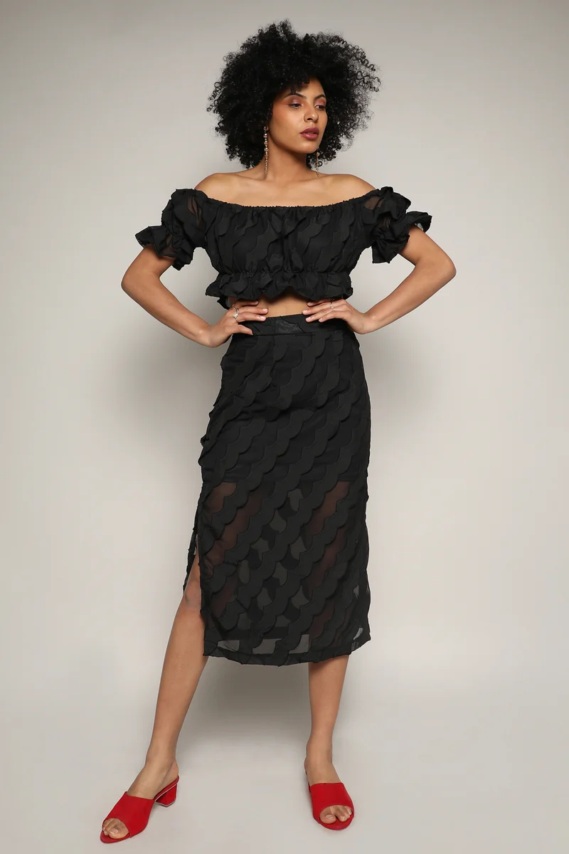 Campus Sutra Women's Midnight Black Sheer Self-Design Co-Ord Set With Slit