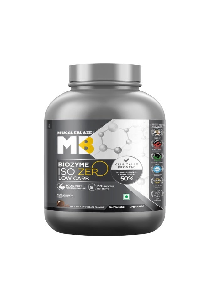 مسل بلايز MuscleBlaze Biozyme Iso-Zero، مسحوق بروتين مصل اللبن المعزول (Whey Isolate) منخفض الكربوهيدرات، بنكهة شوكولاتة الآيس كريم (2 كجم / 4.4 رطل) | 27 جم من بروتين مصل اللبن المعزول في كل مكيال | تركيبة معززة للامتصاص (EAF) حاصلة على براءة اختراع من الولايات المتحدة الأمريكية - Image 1