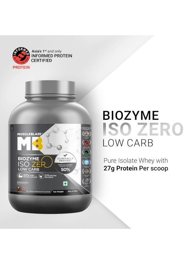 مسل بلايز MuscleBlaze Biozyme Iso-Zero، مسحوق بروتين مصل اللبن المعزول (Whey Isolate) منخفض الكربوهيدرات، بنكهة شوكولاتة الآيس كريم (2 كجم / 4.4 رطل) | 27 جم من بروتين مصل اللبن المعزول في كل مكيال | تركيبة معززة للامتصاص (EAF) حاصلة على براءة اختراع من الولايات المتحدة الأمريكية - Image 2