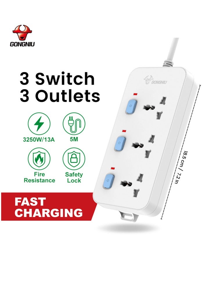 غونغنيو وصلة تمديد كهربائية متعددة – 3 منافذ، 3 مفاتيح فردية، كابل 5 متر | قابس متعدد عالمي مع حماية من زيادة التيار للمنزل والمكتب والسفر - Image 2