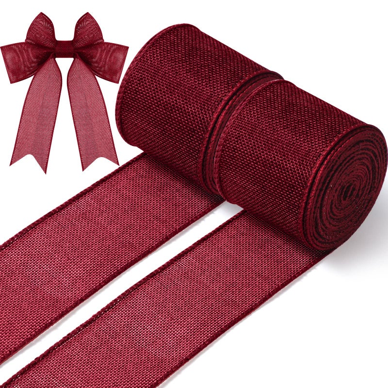 Burgundy Burlap Wired Edge Ribbon  10 Yards 25 Inch for Wreaths Wrapping Bows Crafts Home  Wedding Decoration