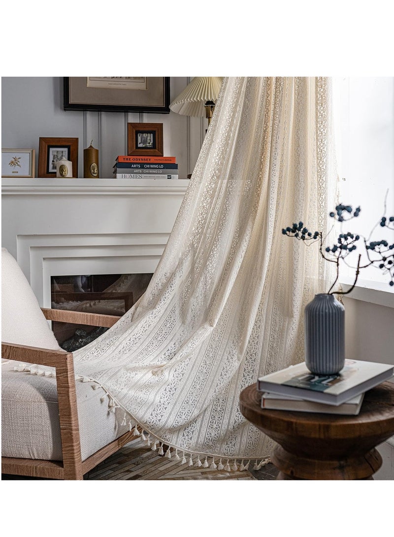 عام ستائر هوم بوهو، دانتيل كروشيه شفاف شرابة محبوكة يدويًا، ستائر ديكور نافذة بجيب قضيب لغرفة المعيشة وغرفة النوم (قطعة واحدة) - Image 1
