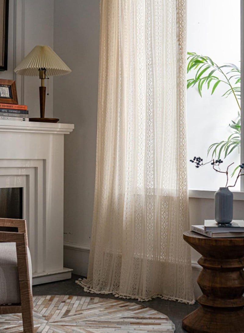 عام ستائر هوم بوهو، دانتيل كروشيه شفاف شرابة محبوكة يدويًا، ستائر ديكور نافذة بجيب قضيب لغرفة المعيشة وغرفة النوم (قطعة واحدة) - Image 2
