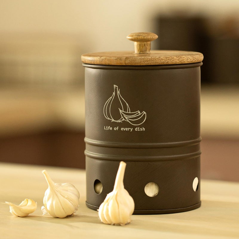 Ellementry Charcoal Brown Garlic Storage Bin with Wooden Lid, Metal Vegetable Storage Container with Wooden Lid, Airtight Kitchen Organizer for Potatoes, Onions & Garlic, Rustic Farmhouse Pantry Bin - Image 5