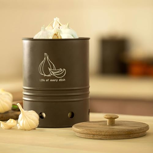 Ellementry Charcoal Brown Garlic Storage Bin with Wooden Lid, Metal Vegetable Storage Container with Wooden Lid, Airtight Kitchen Organizer for Potatoes, Onions & Garlic, Rustic Farmhouse Pantry Bin - Image 2