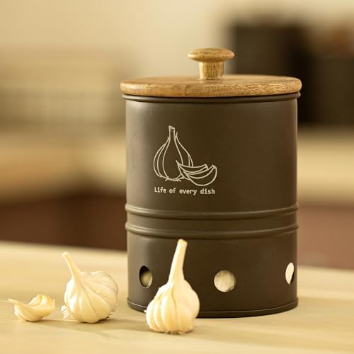 Ellementry Charcoal Brown Garlic Storage Bin with Wooden Lid, Metal Vegetable Storage Container with Wooden Lid, Airtight Kitchen Organizer for Potatoes, Onions & Garlic, Rustic Farmhouse Pantry Bin - Image 1