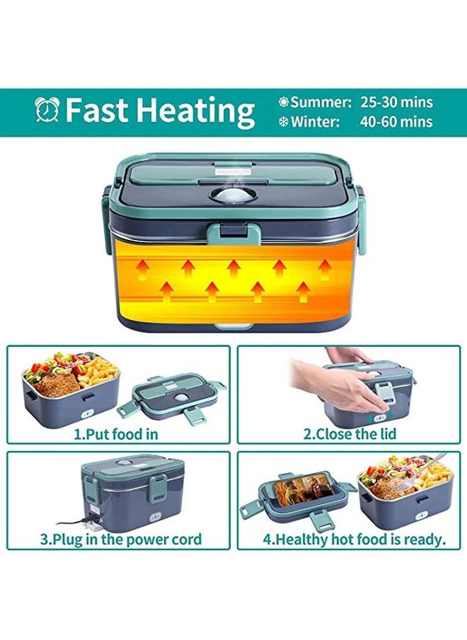 Arabest - Electric Lunch Box, 60W Food Heated 12V 24V 110V Portable Food Warmer Heater for Car/Truck/Home Self Heating Box with 1.8L 304 Stainless Steel Container 0.45L Compartment (Green+Royal blue) - Image 1