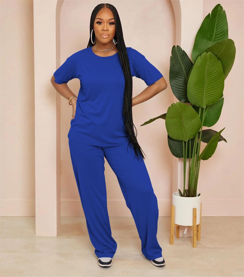 HBQ Women's 2 Piece Outfits Loose Fit Tops Wide Leg Pants Short Sleeve Lounge Matching Sets Sweatsuits-Royal Blue-XL - Image 2
