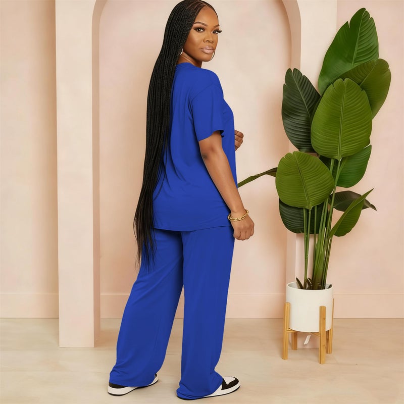 HBQ Women's 2 Piece Outfits Loose Fit Tops Wide Leg Pants Short Sleeve Lounge Matching Sets Sweatsuits-Royal Blue-XL - Image 3