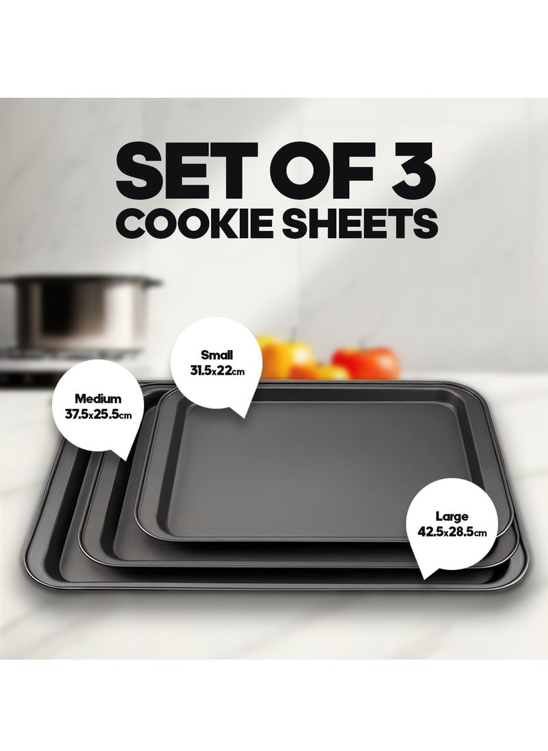 AMROAH 3 pcs Carbon Steel Baking Tray for Oven Set (Large Medium Small), Nonstick Baking Pan Cooking Sheet Non Toxic Healthy & Easy Clean for Cookies Brownie Pizza Kitchen Ovens  - Image 2