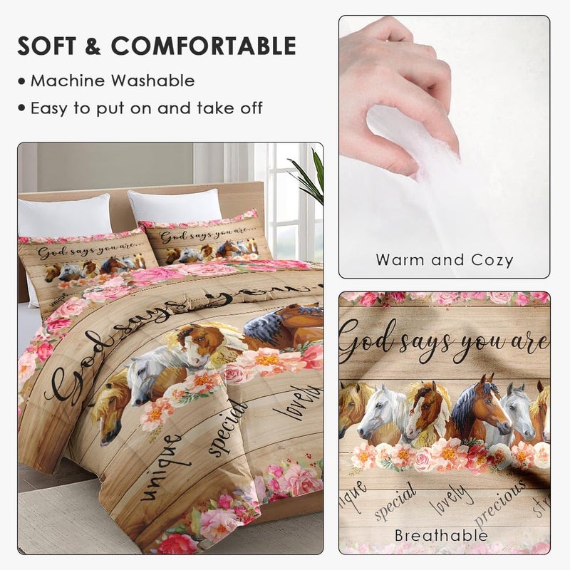 WeCozy Queen Size Comforter Set with 2 Pillowcases, Colorful Horses Animal Pink Flower 3 Pcs Bedding for Kids and Adults, Inspirational Thoughts Soft Comforter Set for Bedroom Bed Decor - Image 5