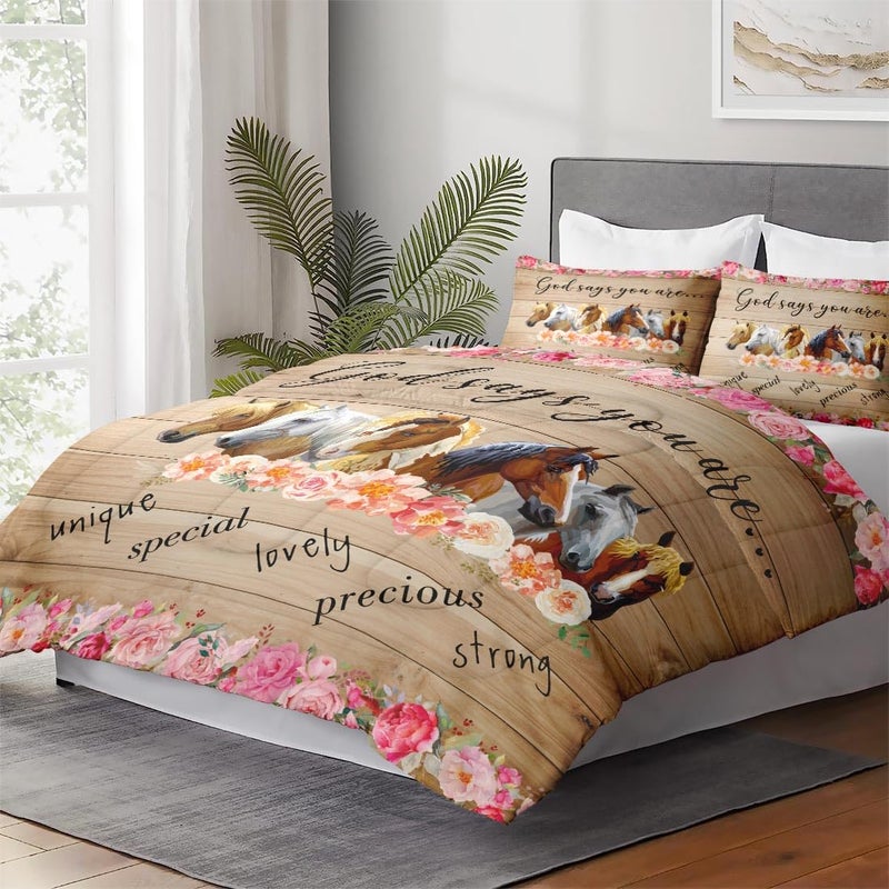 WeCozy Queen Size Comforter Set with 2 Pillowcases, Colorful Horses Animal Pink Flower 3 Pcs Bedding for Kids and Adults, Inspirational Thoughts Soft Comforter Set for Bedroom Bed Decor - Image 4