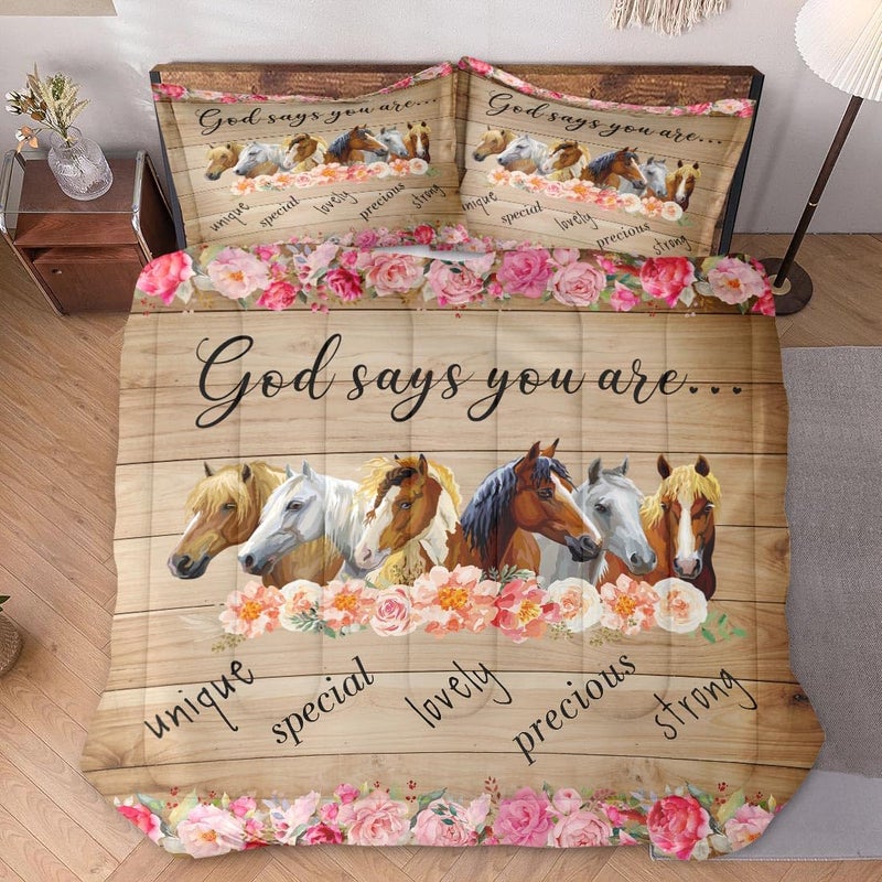 WeCozy Queen Size Comforter Set with 2 Pillowcases, Colorful Horses Animal Pink Flower 3 Pcs Bedding for Kids and Adults, Inspirational Thoughts Soft Comforter Set for Bedroom Bed Decor - Image 2