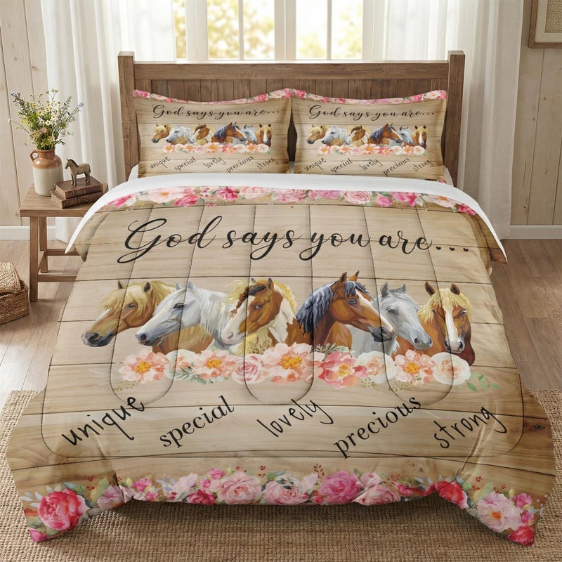 WeCozy Queen Size Comforter Set with 2 Pillowcases, Colorful Horses Animal Pink Flower 3 Pcs Bedding for Kids and Adults, Inspirational Thoughts Soft Comforter Set for Bedroom Bed Decor - Image 1