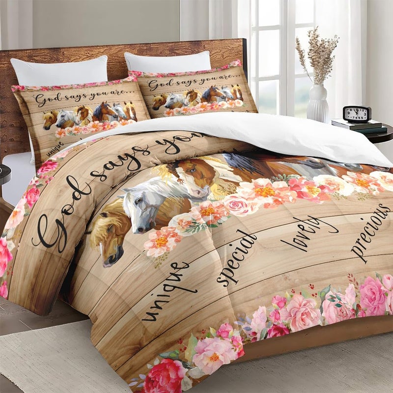 WeCozy Queen Size Comforter Set with 2 Pillowcases, Colorful Horses Animal Pink Flower 3 Pcs Bedding for Kids and Adults, Inspirational Thoughts Soft Comforter Set for Bedroom Bed Decor - Image 3