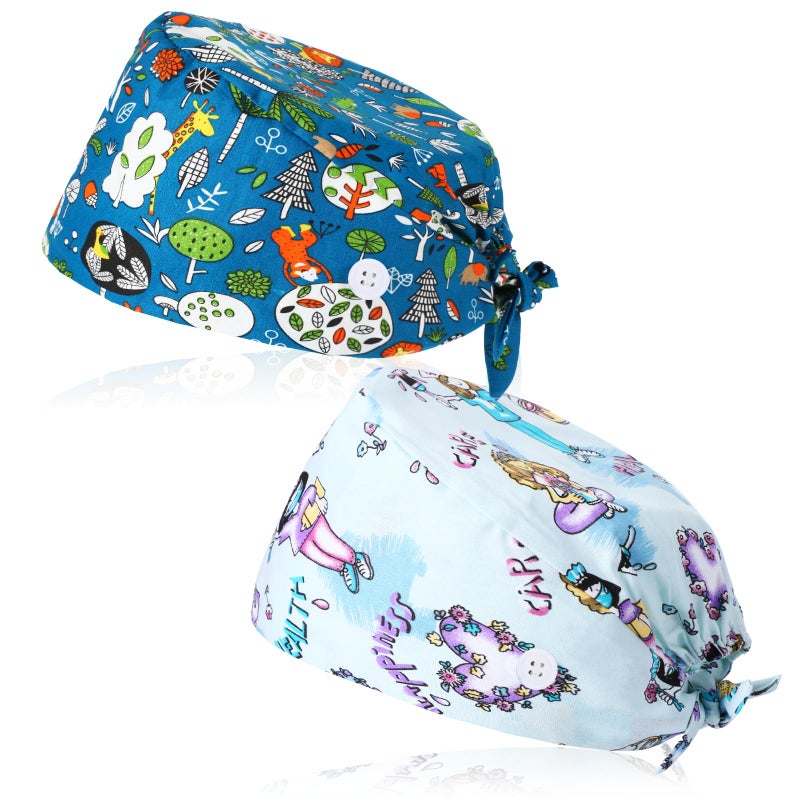 Heclia 2Pcs Scrub Caps Women, Nursing Hats with Buttons & Sweatband Adjustable Bouffant Working Cap Breathable Surgery Cap Women No-Slip Unisex Surgical Hat for Dentist Nurse Caps Figs Scrubcap Blue - Image 1